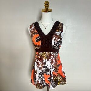 CATO Y2K Paisley Boho Babydoll Tank Top Small Orange Brown Ruffle V-Neck